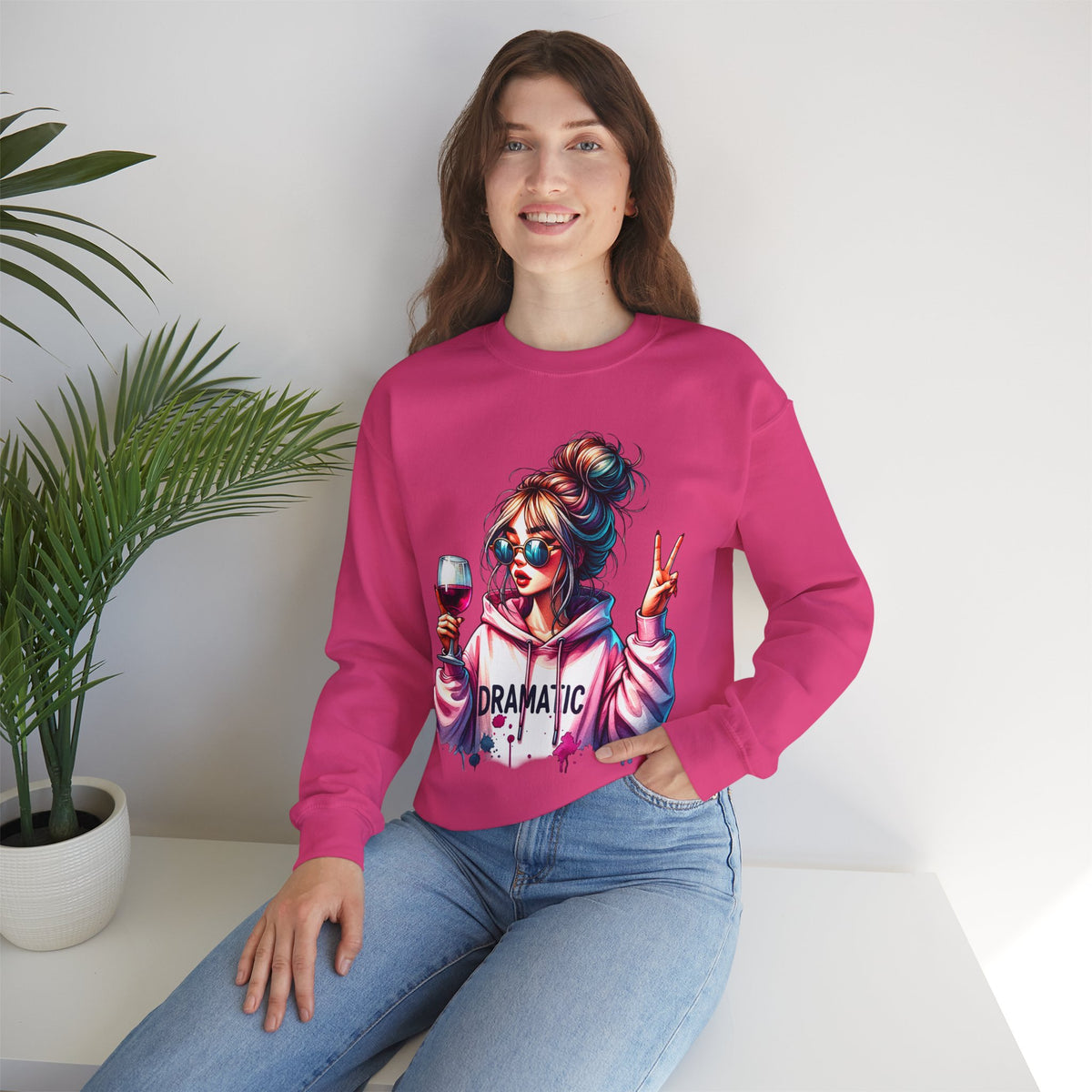 Dramatic Girl With Wine Messy Bun Peace Sign – Gildan Heavy Blend | Trendy Women’s Soft Sweatshirt. Direct to Garment. Printed & Shipped in the USA. Unisex Sizes.