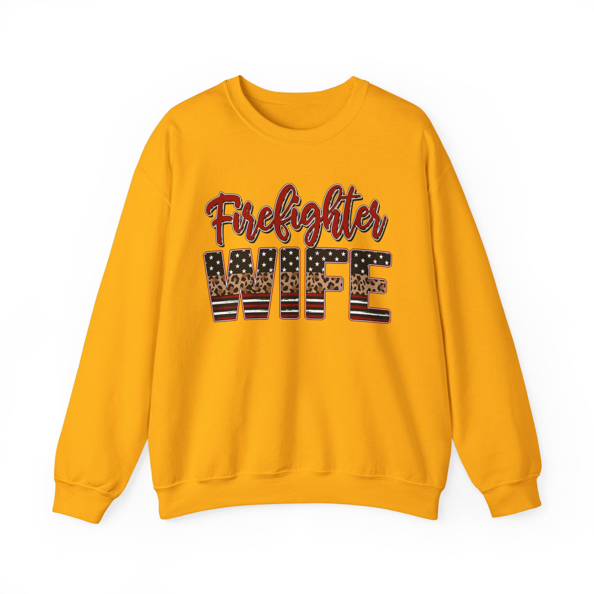 Firefighter Wife Patriotic Flag Lettering for Firefighter Spouse – Gildan Heavy Blend | Trendy Women’s Soft Sweatshirt. Direct to Garment. Printed & Shipped in the USA. Unisex Sizes.