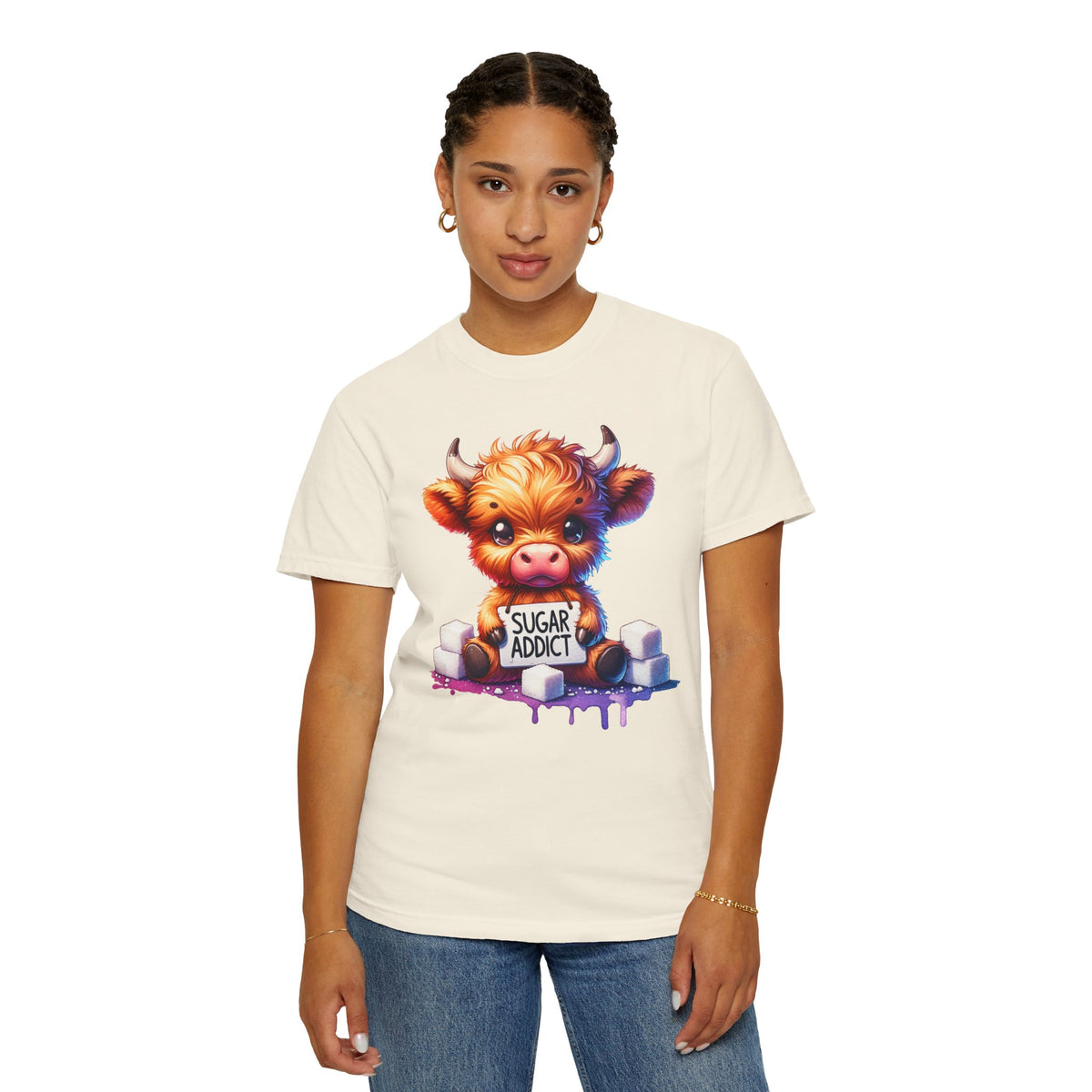 Sugar Addict Highland Cow - Comfort Colors | Trendy Women's T-Shirt. Direct to Garment. Printed & Shipped in the USA. Unisex Sizes.