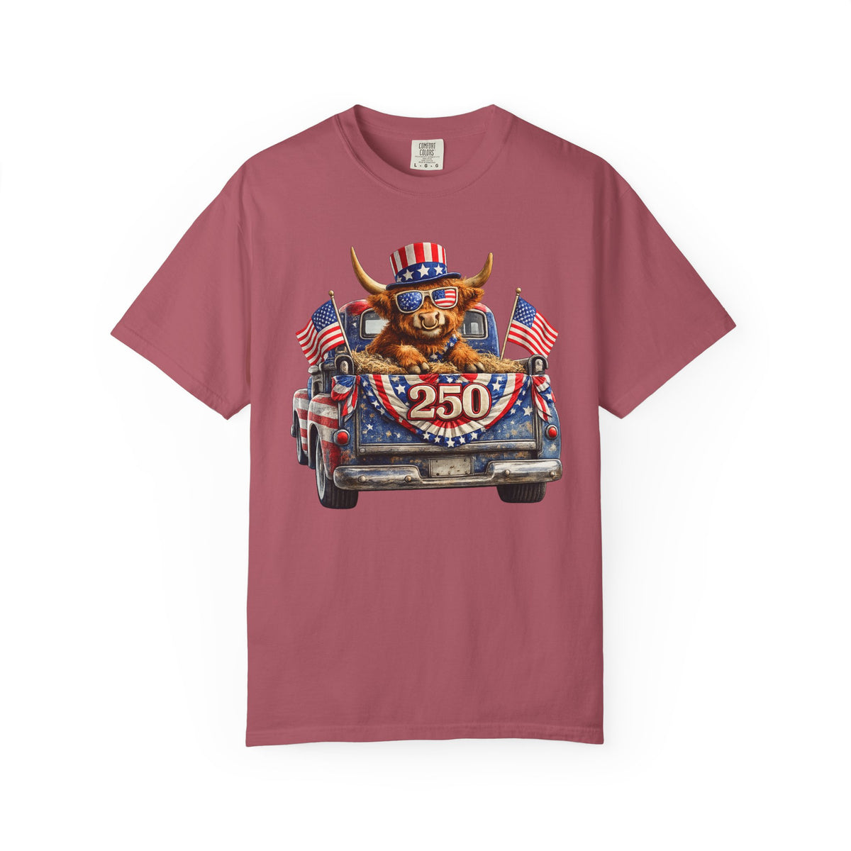 Patriotic Highland, America's 250th Birthday - Comfort Colors | Trendy Women's and Men's T-Shirt. Direct to Garment. Printed & Shipped in the USA. Unisex Sizes.