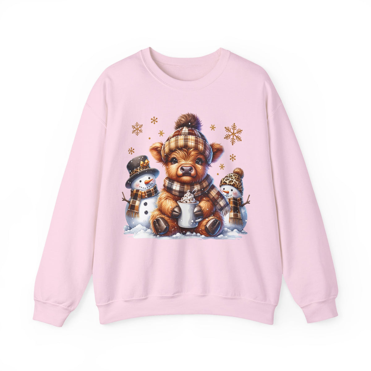 Cute Highland Cow with Snowmen, Winter – Gildan Heavy Blend | Trendy Women’s Soft Sweatshirt. Direct to Garment. Printed & Shipped in the USA. Unisex Sizes.
