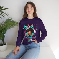 Phlebotomist Life, Messy Bun – Gildan Heavy Blend | Trendy Women’s Soft Sweatshirt. Direct to Garment. Printed & Shipped in the USA. Unisex Sizes.
