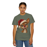 Cute Rudolph Faux Knit Look Reindeer w/Santa Hat - Comfort Colors | Trendy Women's T-Shirt. Direct to Garment. Printed & Shipped in the USA. Unisex Sizes.