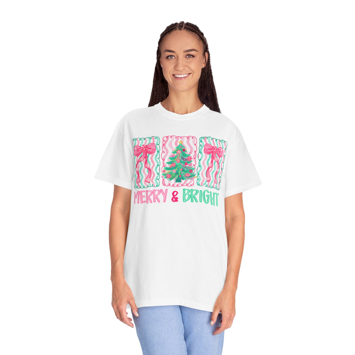 Merry & Bright Christmas — Pink & Green Holiday Tree Design - Comfort Colors | Trendy Women's T-Shirt. Direct to Garment. Printed & Shipped in the USA. Unisex Sizes.