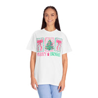 Merry & Bright Christmas — Pink & Green Holiday Tree Design - Comfort Colors | Trendy Women's T-Shirt. Direct to Garment. Printed & Shipped in the USA. Unisex Sizes.