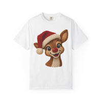 Cute Rudolph Faux Knit Look Reindeer w/Santa Hat - Comfort Colors | Trendy Women's T-Shirt. Direct to Garment. Printed & Shipped in the USA. Unisex Sizes.