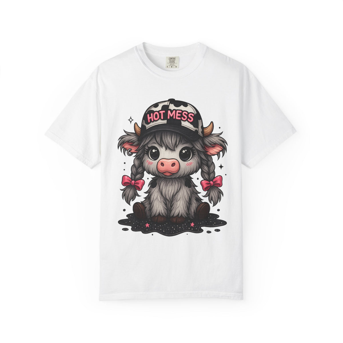 Cute Highland Cow 'Hot Mess' In Braids  - Comfort Colors | Trendy Women's T-Shirt. Direct to Garment. Printed & Shipped in the USA. Unisex Sizes.