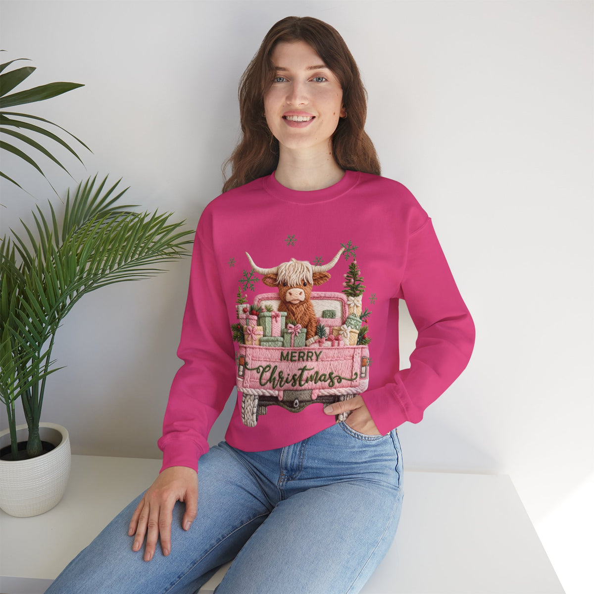 Highland Cow in Pink Truck Merry Christmas Holiday Farmhouse – Gildan Heavy Blend | Trendy Women’s Soft Sweatshirt. Direct to Garment. Printed & Shipped in the USA. Unisex Sizes.