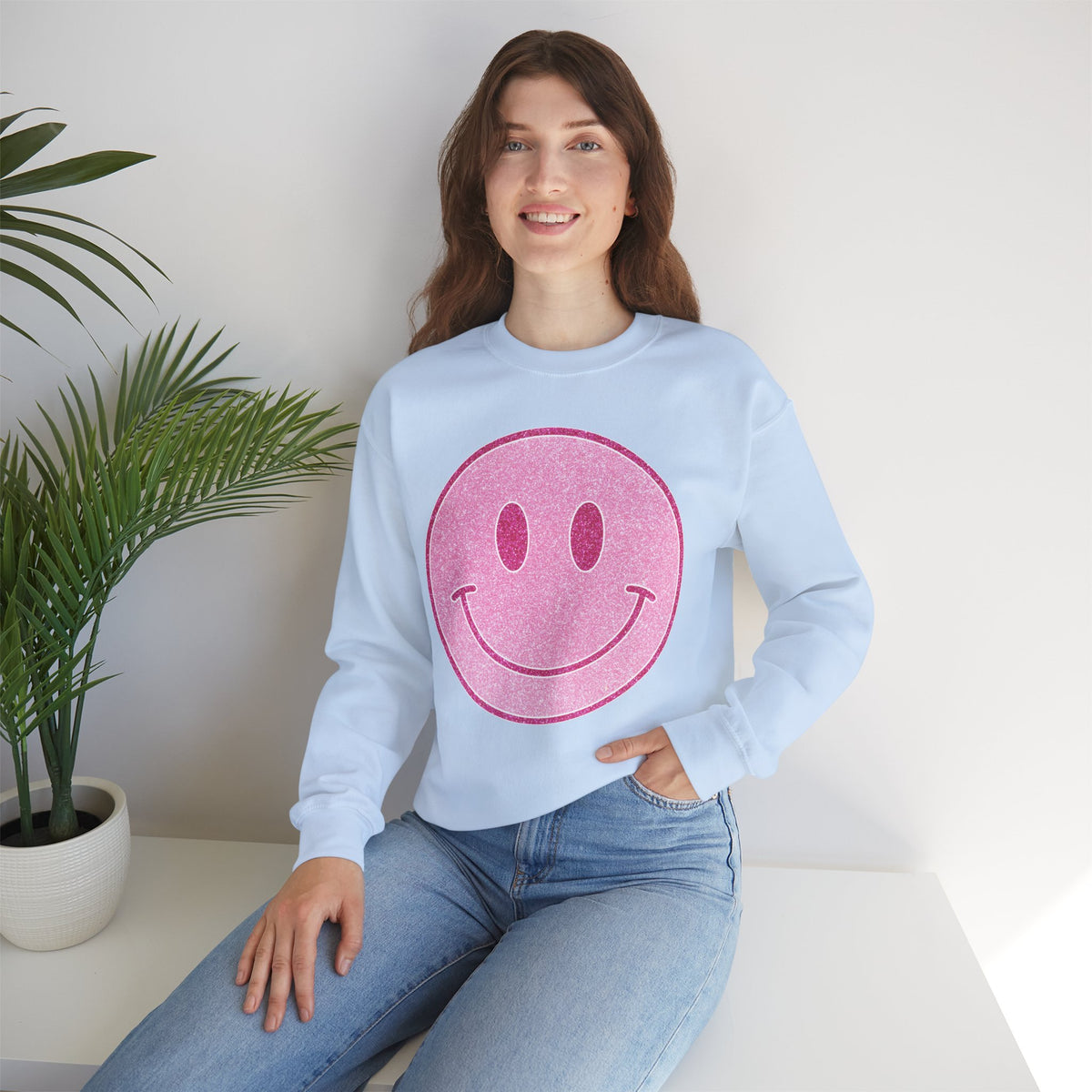 Glitter Smiley – Gildan Heavy Blend | Trendy Women’s Soft Sweatshirt. Direct to Garment. Printed & Shipped in the USA. Unisex Sizes.