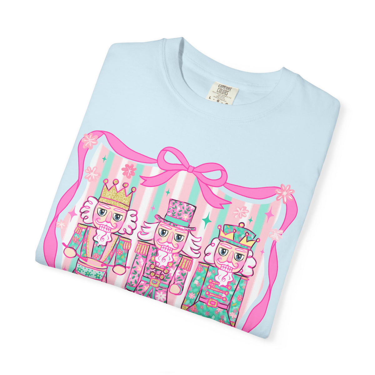 Coquette Pastel Christmas Nutcracker Trio Pink and Green - Comfort Colors | Trendy Women's T-Shirt. Direct to Garment. Printed & Shipped in the USA. Unisex Sizes.