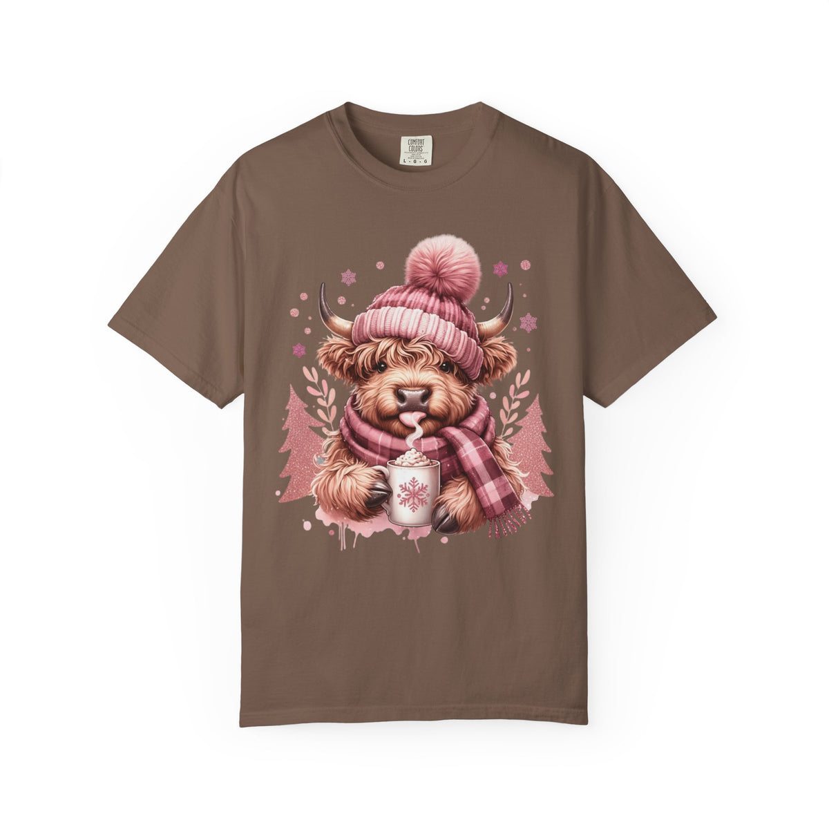 Cozy Highland Cow, Winter Coffee Mug & Scarf - Comfort Colors | Trendy Women's T-Shirt. Direct to Garment. Printed & Shipped in the USA. Unisex Sizes.