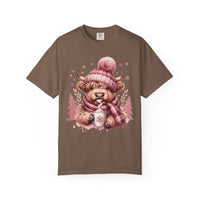 Cozy Highland Cow, Winter Coffee Mug & Scarf - Comfort Colors | Trendy Women's T-Shirt. Direct to Garment. Printed & Shipped in the USA. Unisex Sizes.