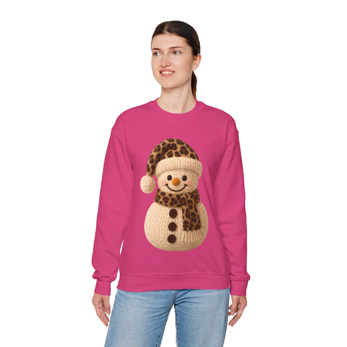 Cute Leopard Faux Knit Snowman Winter – Gildan Heavy Blend | Trendy Women’s Soft Sweatshirt. Direct to Garment. Printed & Shipped in the USA. Unisex Sizes.