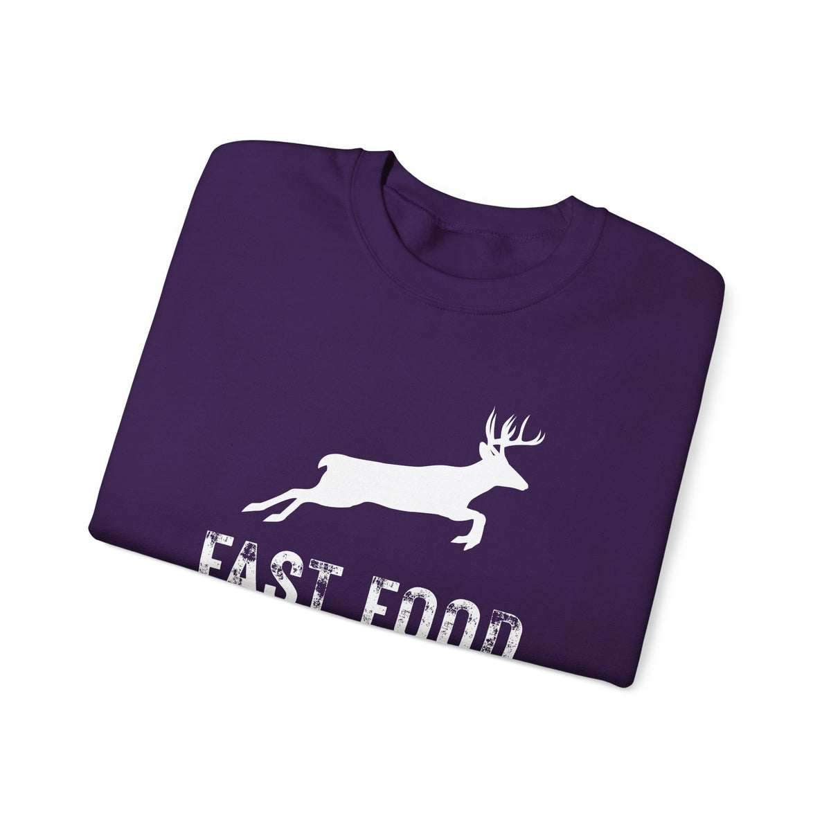 Fast Food Deer Hunting Humor Distressed – Gildan Heavy Blend | Trendy Men's and Women’s Soft Sweatshirt. Direct to Garment. Printed & Shipped in the USA. Unisex Sizes.