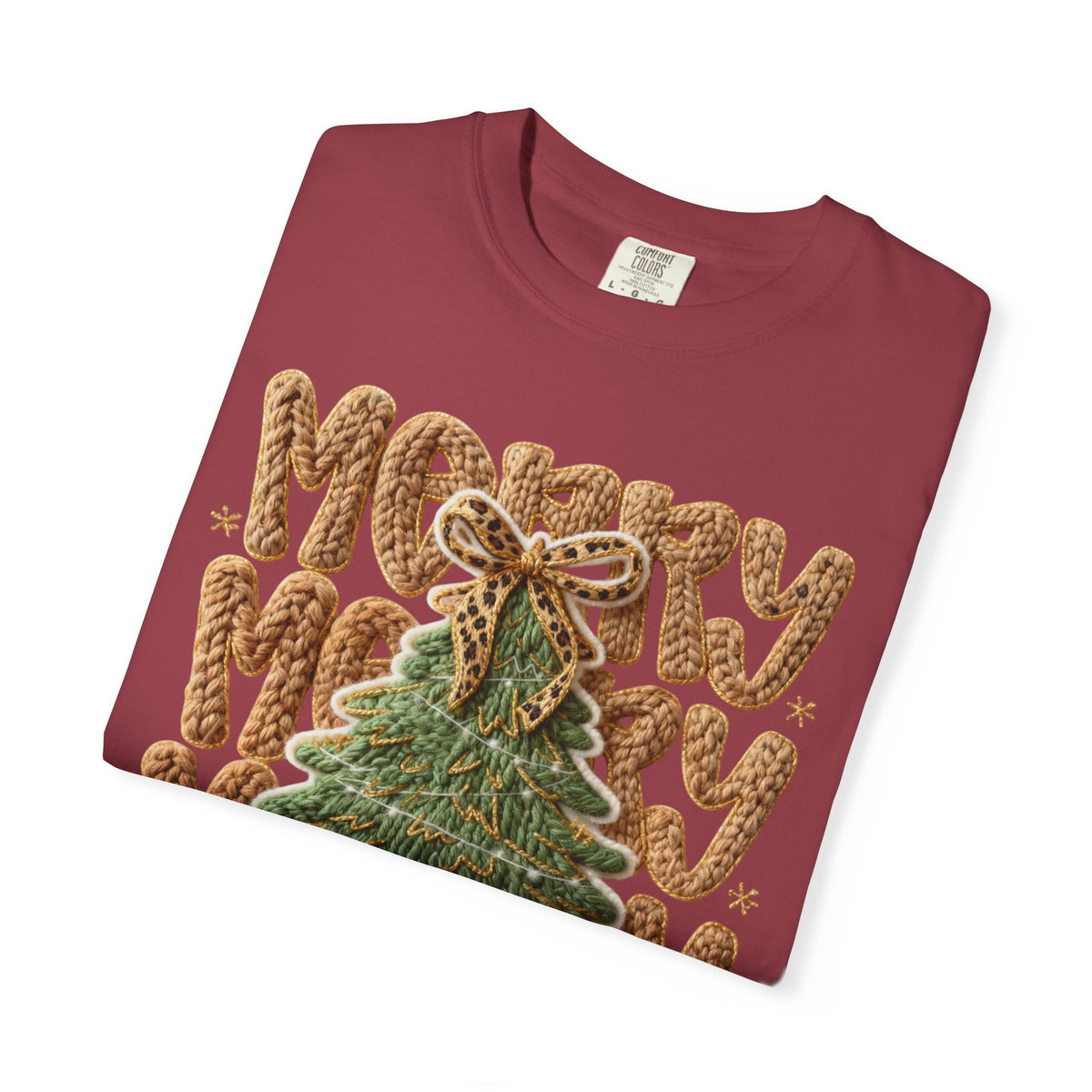 Merry Merry Merry Christmas, Faux Latch Hook Yarn - Comfort Colors | Trendy Women's T-Shirt. Direct to Garment. Printed & Shipped in the USA. Unisex Sizes.