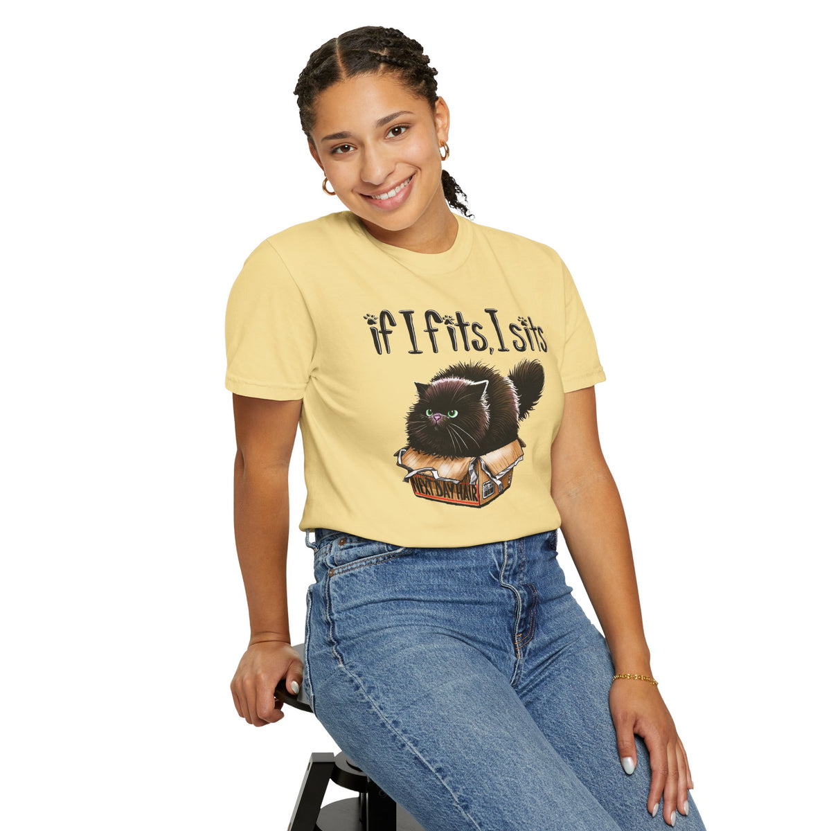 If I Fits I Sits, Cat in a Box - Comfort Colors | Trendy Women's and Men's T-Shirt. Direct to Garment. Printed & Shipped in the USA. Unisex Sizes.