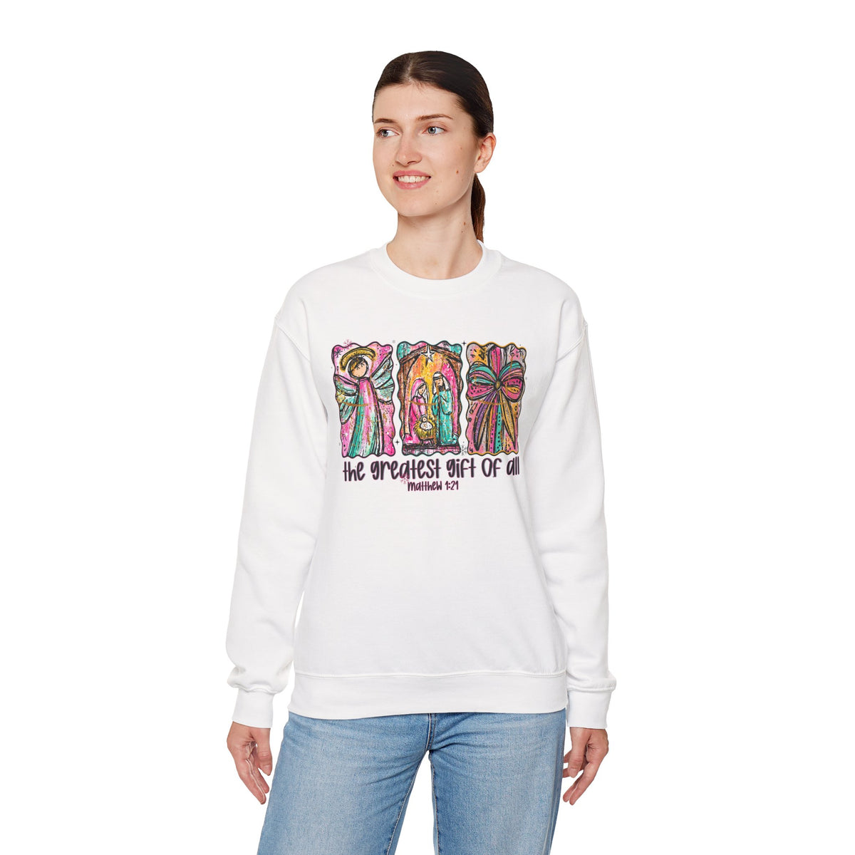 The Greatest Gift of All, Christian Tee - Preppy Watercolor – Gildan Heavy Blend | Trendy Women’s Soft Sweatshirt. Direct to Garment. Printed & Shipped in the USA. Unisex Sizes.