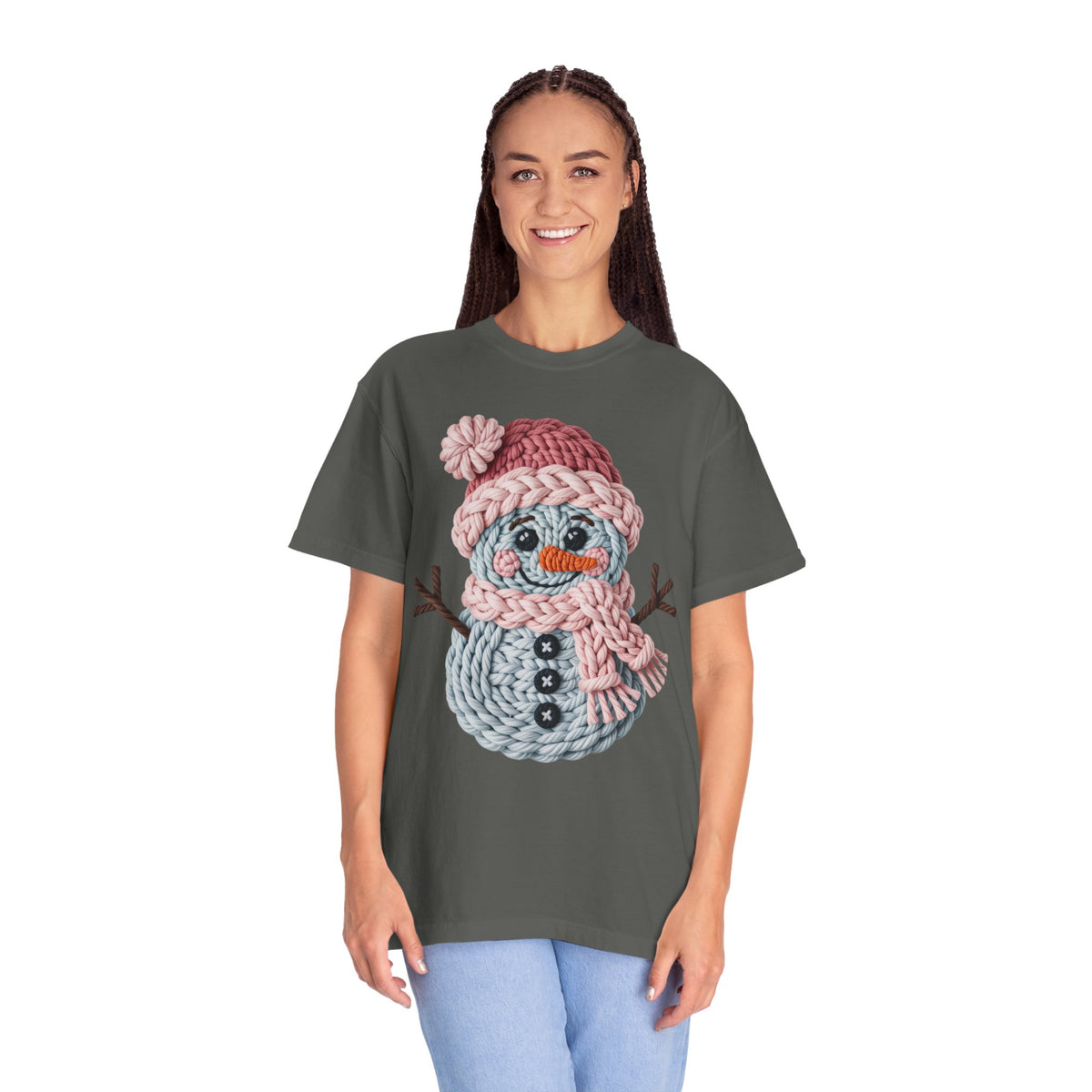 Cute Yarn Snowman - Pink Scarf - Comfort Colors | Trendy Women's T-Shirt. Direct to Garment. Printed & Shipped in the USA. Unisex Sizes.