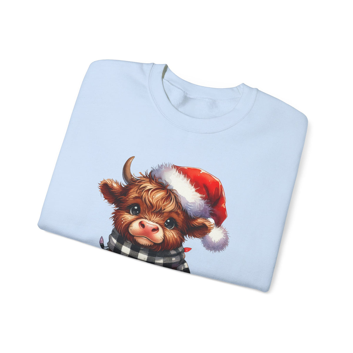 Cute Highland Cow Santa Hat Scarf Christmas Lights – Gildan Heavy Blend | Trendy Women’s Soft Sweatshirt. Direct to Garment. Printed & Shipped in the USA. Unisex Sizes.