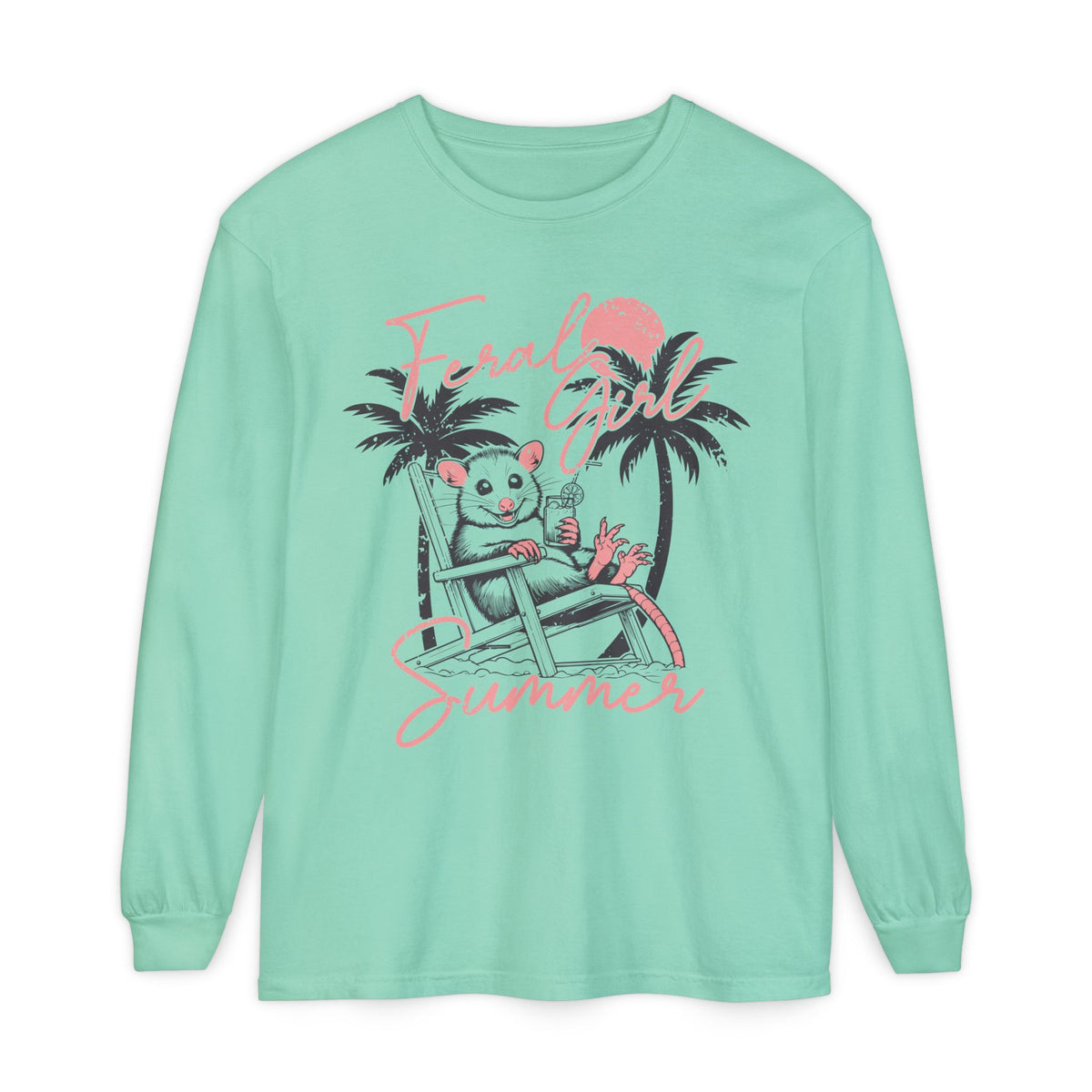 Feral Girl Summer, Possum on a Beach - Comfort Colors | Trendy Women's Long Sleeve T-Shirt. Direct to Garment. Printed & Shipped in the USA. Unisex Sizes.