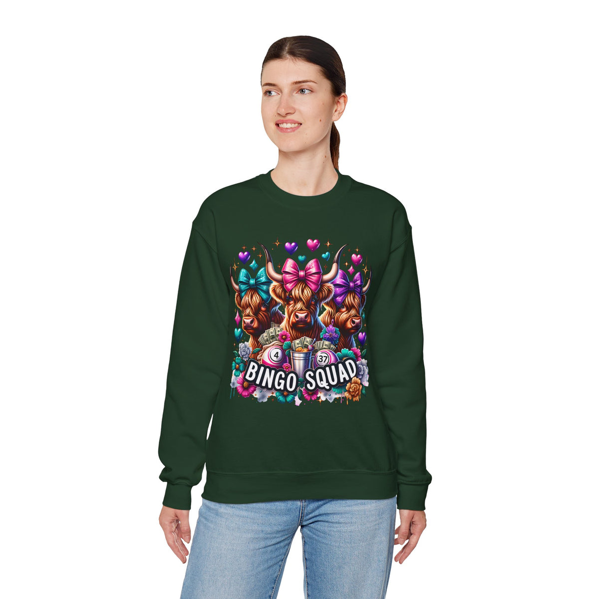 Cute Highland Cows Bingo Squad – Gildan Heavy Blend | Trendy Women’s Soft Sweatshirt. Direct to Garment. Printed & Shipped in the USA. Unisex Sizes.