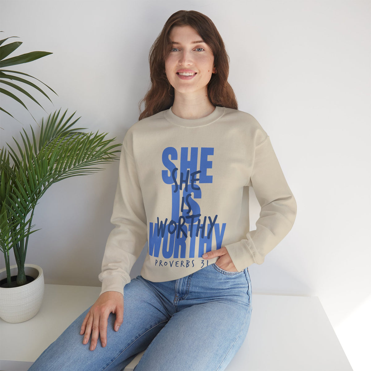She Is Worthy – Gildan Heavy Blend | Trendy Women’s Soft Sweatshirt. Direct to Garment. Printed & Shipped in the USA. Unisex Sizes.