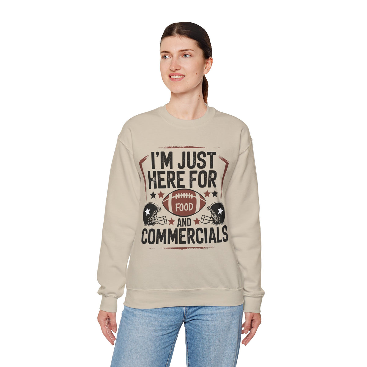 I'm Just Here for Food and Commercials – Gildan Heavy Blend | Trendy Women’s and Men's Soft Sweatshirt. Direct to Garment. Printed & Shipped in the USA. Unisex Sizes.