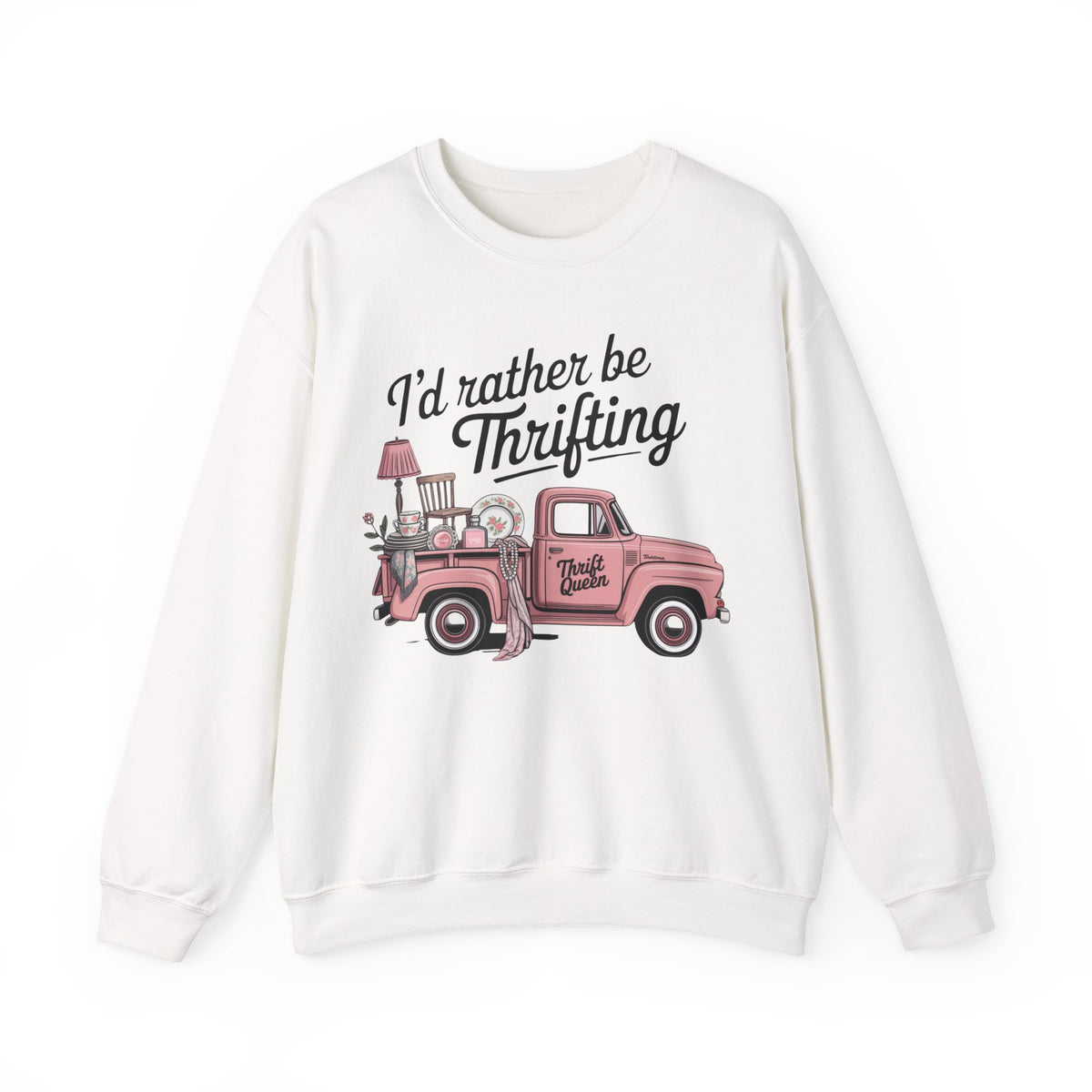 I'd Rather Be Thrifting. Pink Vintage Truck – Gildan Heavy Blend | Trendy Women’s Soft Sweatshirt. Direct to Garment. Printed & Shipped in the USA. Unisex Sizes.