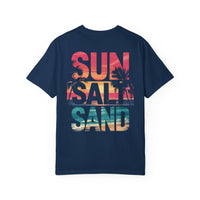 Sun Salt Sand, Beach Sunset - Front & Back Print - Comfort Colors | Trendy Women's and Men's T-Shirt. Direct to Garment. Printed & Shipped in the USA. Unisex Sizes.