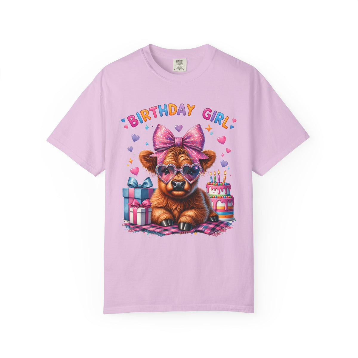 Birthday Girl, Highland Cow - Comfort Colors | Trendy Women's T-Shirt. Direct to Garment. Printed & Shipped in the USA. Unisex Sizes.
