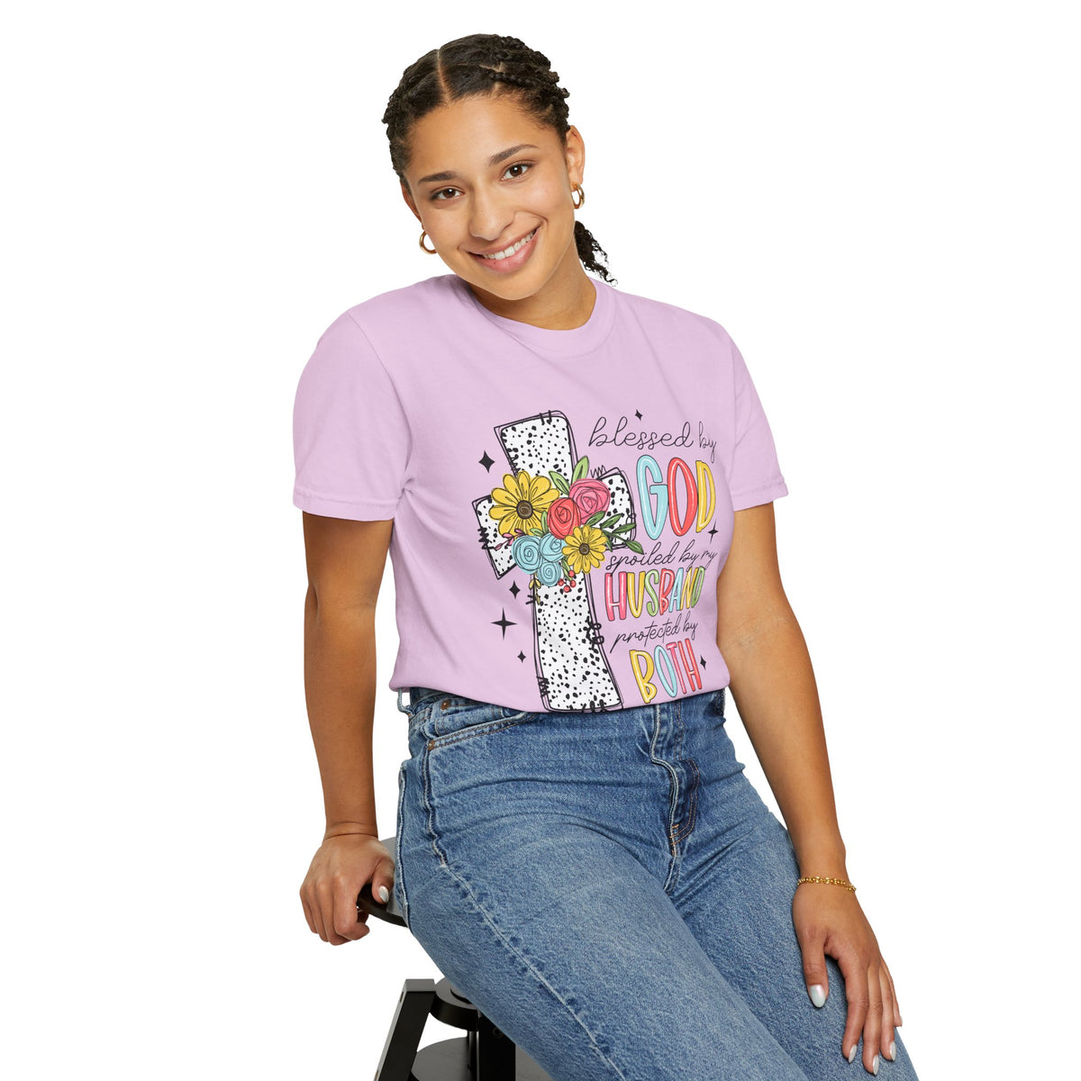 Blessed by God, Spoiled by Husband, Protect by Both - Comfort Colors | Trendy Women's T-Shirt. Direct to Garment. Printed & Shipped in the USA. Unisex Sizes.