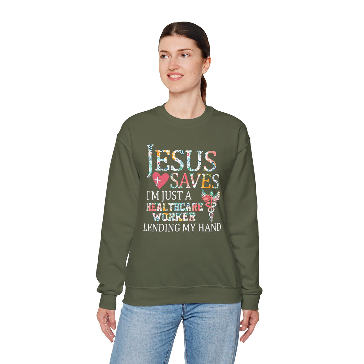 Jesus Saves - Healthcare Worker Lending My Hand – Gildan Heavy Blend | Trendy Women’s Soft Sweatshirt. Direct to Garment. Printed & Shipped in the USA. Unisex Sizes.