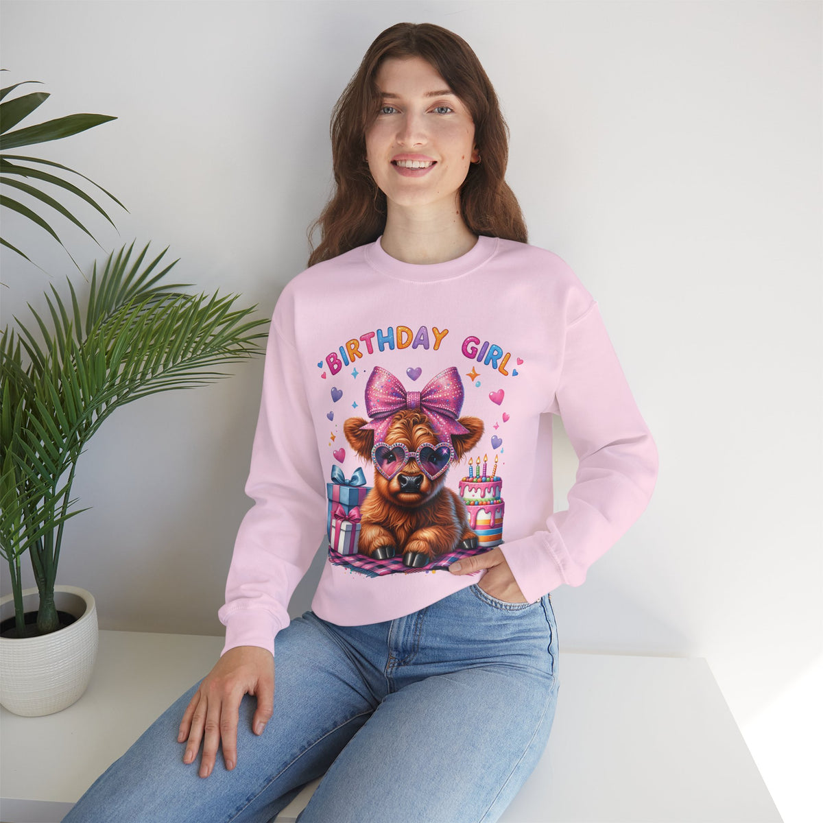 Birthday Girl, Highland Cow – Gildan Heavy Blend | Trendy Women’s Soft Sweatshirt. Direct to Garment. Printed & Shipped in the USA. Unisex Sizes.