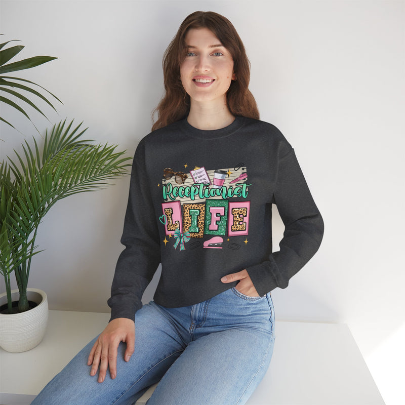 Receptionist Life – Gildan Heavy Blend | Trendy Women’s Soft Sweatshirt. Direct to Garment. Printed & Shipped in the USA. Unisex Sizes.