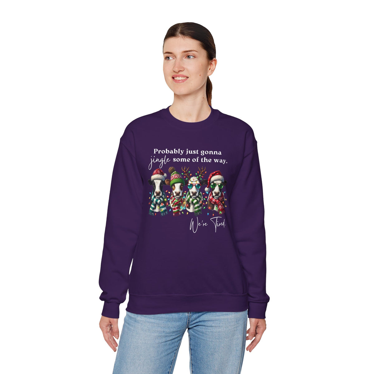Christmas Cows - Probably Just Gonna Jingle Some Of The Way – Gildan Heavy Blend | Trendy Women’s and Men's Soft Sweatshirt. Direct to Garment. Printed & Shipped in the USA. Unisex Sizes.