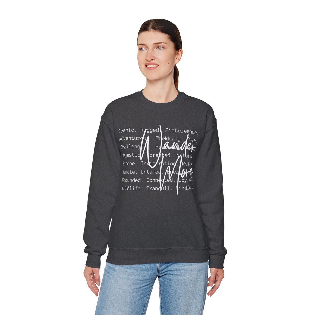 Wander More, Scenic Adventure Typography – Gildan Heavy Blend | Trendy Men's and Women’s Soft Sweatshirt. Direct to Garment. Printed & Shipped in the USA. Unisex Sizes.