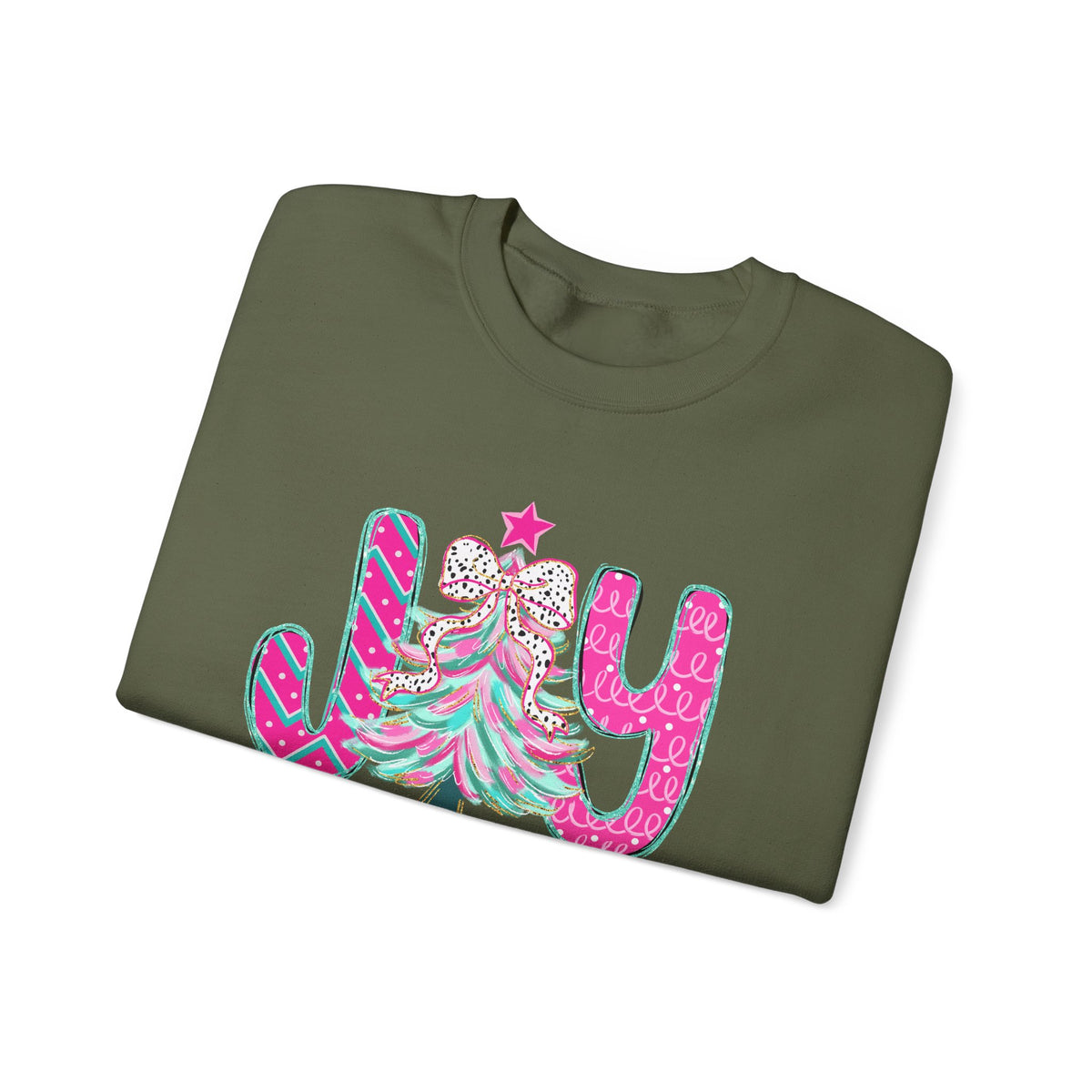 Joy to the World w/Christmas Tree Pink and Teal – Gildan Heavy Blend | Trendy Women’s Soft Sweatshirt. Direct to Garment. Printed & Shipped in the USA. Unisex Sizes.