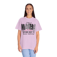 Just a Mama Out Here Trying Not To Raise Assholes - Comfort Colors | Trendy Women's T-Shirt. Direct to Garment. Printed & Shipped in the USA. Unisex Sizes.