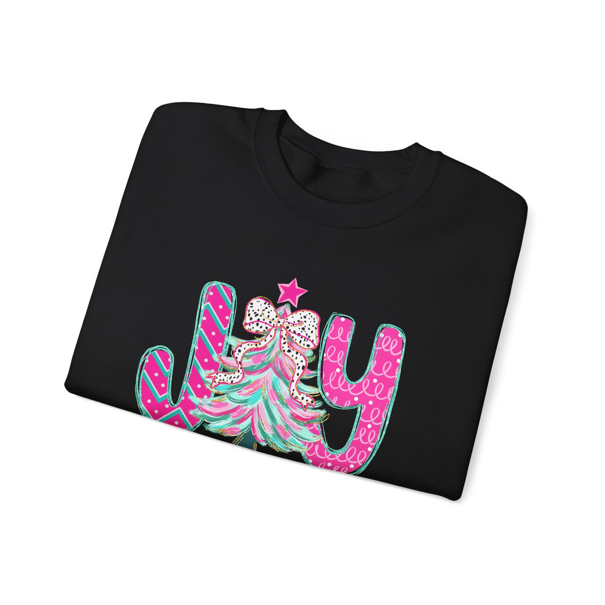 Joy to the World w/Christmas Tree Pink and Teal – Gildan Heavy Blend | Trendy Women’s Soft Sweatshirt. Direct to Garment. Printed & Shipped in the USA. Unisex Sizes.