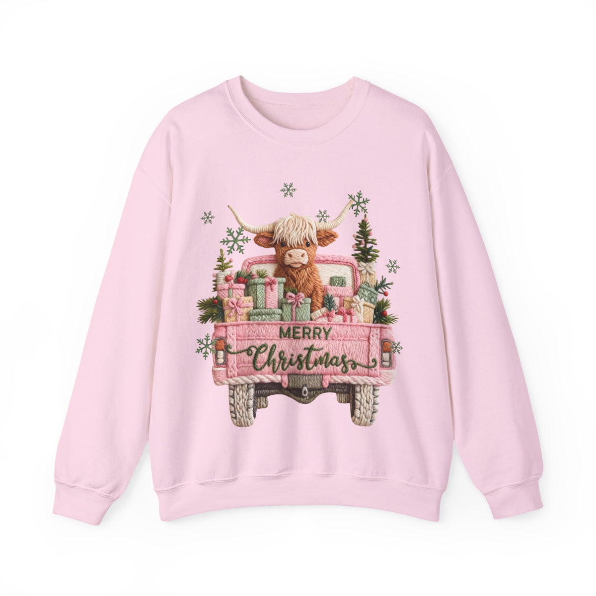 Highland Cow in Pink Truck Merry Christmas Holiday Farmhouse – Gildan Heavy Blend | Trendy Women’s Soft Sweatshirt. Direct to Garment. Printed & Shipped in the USA. Unisex Sizes.