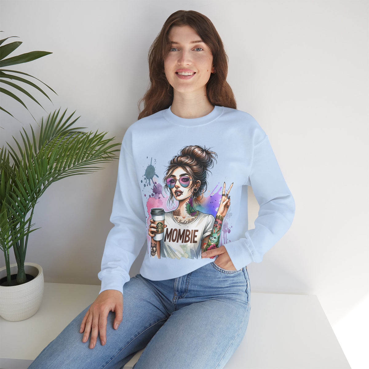Cool Mombie with Coffee Peace Tattoo - Tired Mom – Gildan Heavy Blend | Trendy Women’s Soft Sweatshirt. Direct to Garment. Printed & Shipped in the USA. Unisex Sizes.