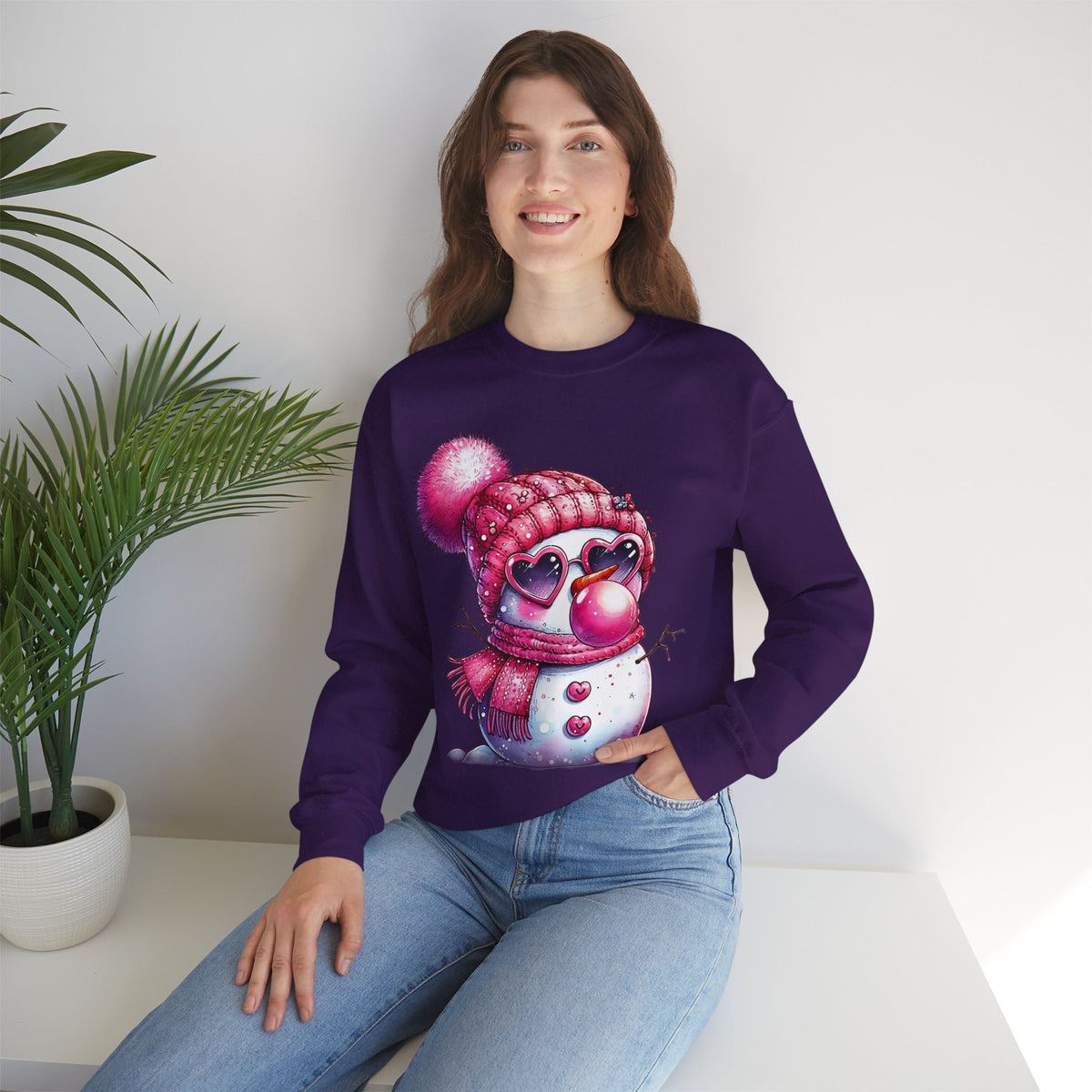 Pink Girly Snowman with Heart Sunglasses and Bubblegum - Winter – Gildan Heavy Blend | Trendy Women’s Soft Sweatshirt. Direct to Garment. Printed & Shipped in the USA. Unisex Sizes.