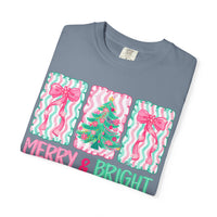 Merry & Bright Christmas — Pink & Green Holiday Tree Design - Comfort Colors | Trendy Women's T-Shirt. Direct to Garment. Printed & Shipped in the USA. Unisex Sizes.