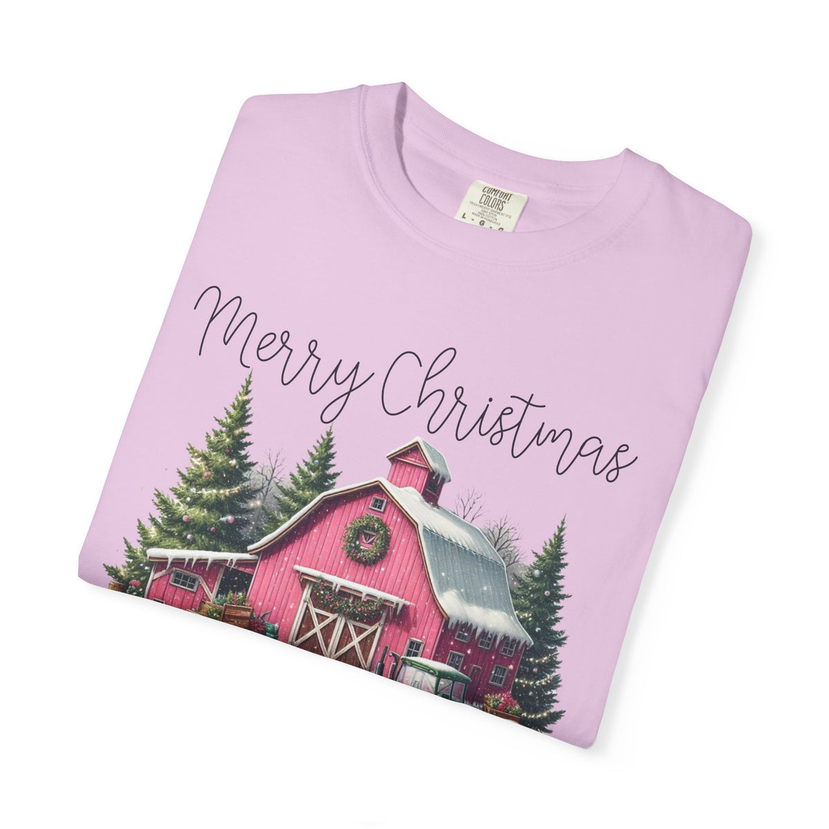 Merry Christmas Pink Barn Farm Animals - Comfort Colors | Trendy Women's T-Shirt. Direct to Garment. Printed & Shipped in the USA. Unisex Sizes.