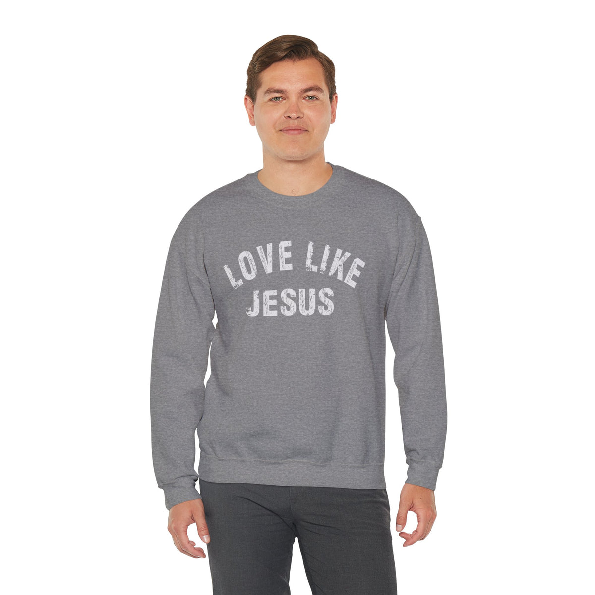 Love Like Jesus - Distressed – Gildan Heavy Blend | Trendy Men's and Women’s Soft Sweatshirt. Direct to Garment. Printed & Shipped in the USA. Unisex Sizes.