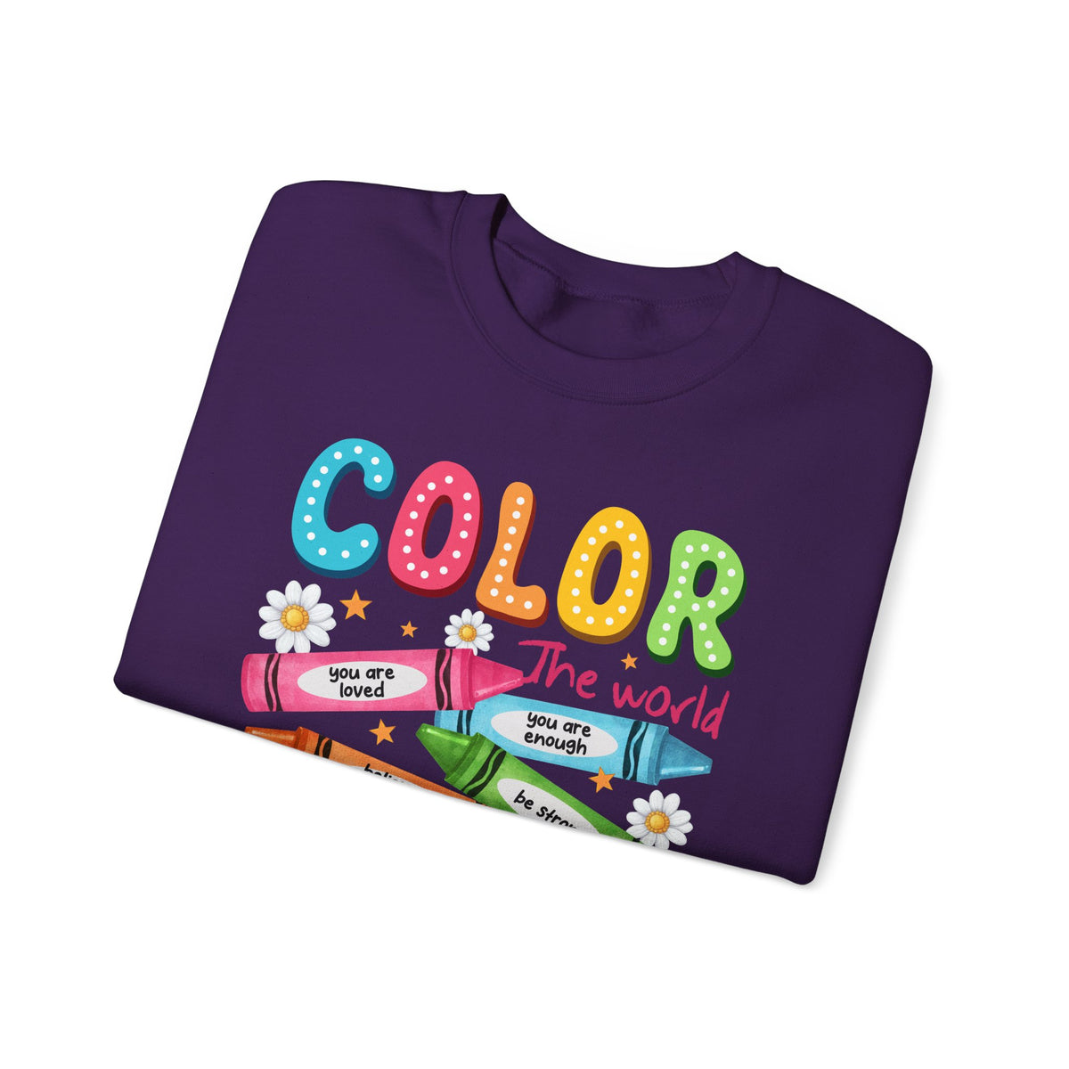 Color the World With Kindness Crayons, Great Teacher Gift – Gildan Heavy Blend | Trendy Women’s and Men's Soft Sweatshirt. Direct to Garment. Printed & Shipped in the USA. Unisex Sizes.