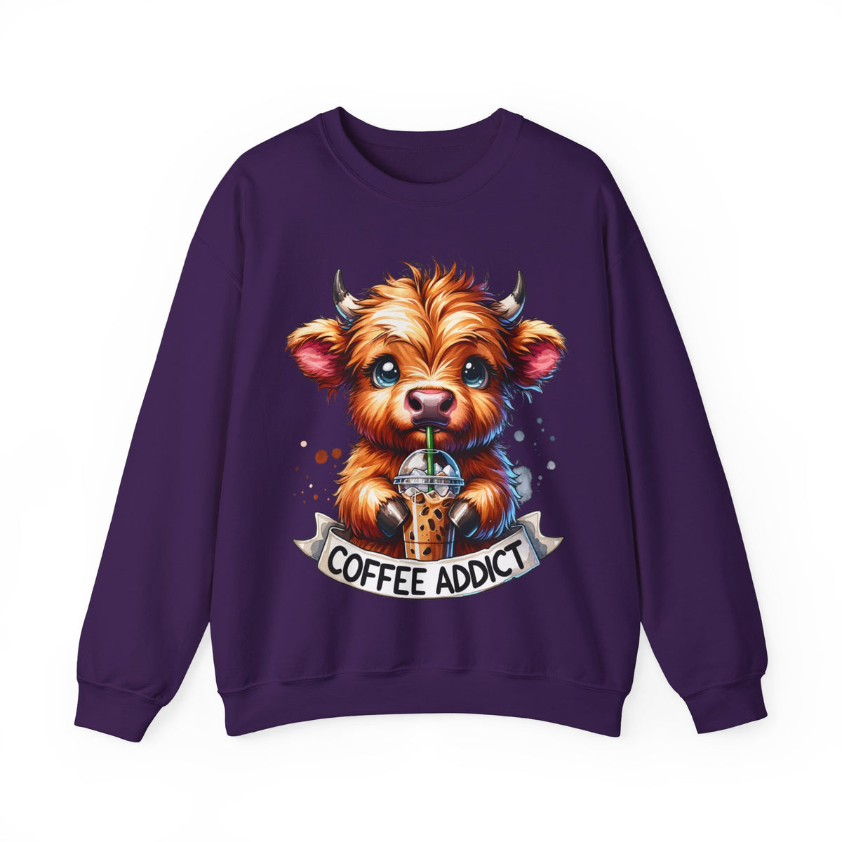 Coffee Addict Highland Cow Drinking Iced Coffee – Gildan Heavy Blend | Trendy Women’s Soft Sweatshirt. Direct to Garment. Printed & Shipped in the USA. Unisex Sizes.