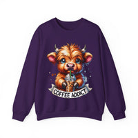 Coffee Addict Highland Cow Drinking Iced Coffee – Gildan Heavy Blend | Trendy Women’s Soft Sweatshirt. Direct to Garment. Printed & Shipped in the USA. Unisex Sizes.