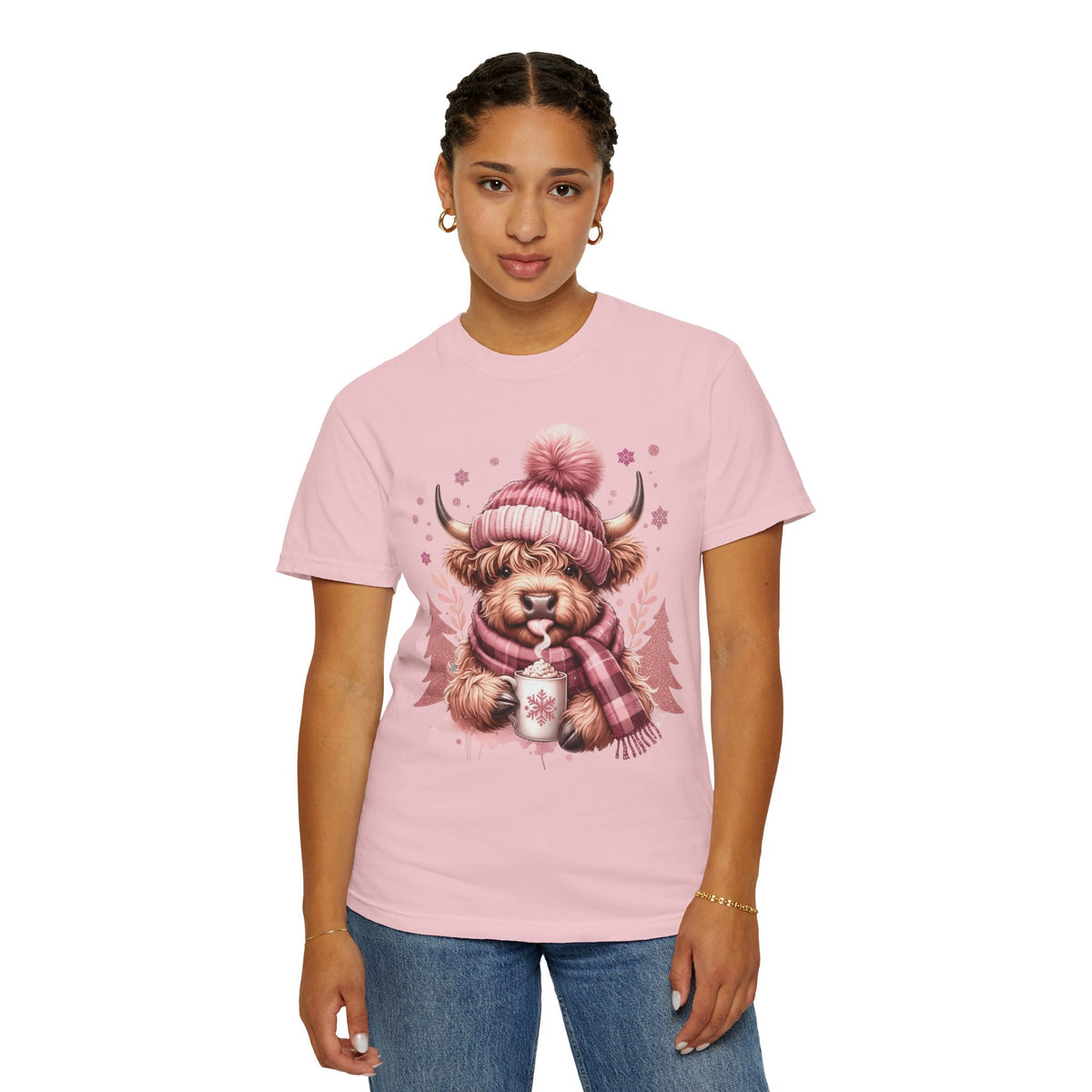 Cozy Highland Cow, Winter Coffee Mug & Scarf - Comfort Colors | Trendy Women's T-Shirt. Direct to Garment. Printed & Shipped in the USA. Unisex Sizes.