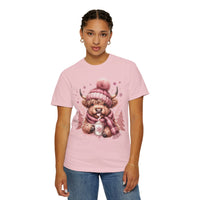 Cozy Highland Cow, Winter Coffee Mug & Scarf - Comfort Colors | Trendy Women's T-Shirt. Direct to Garment. Printed & Shipped in the USA. Unisex Sizes.